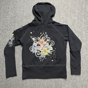 One Life 2 Live Hooded Full Zip Sweatshirt Jacket Women's Large Black Floral